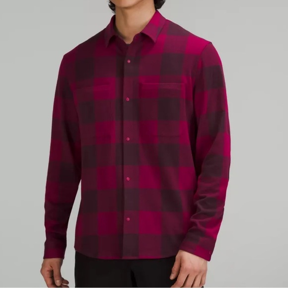 Lululemon Men’s Soft Knit Overshirt Flannel Check Plaid Red Pomegranate - Picture 1 of 9